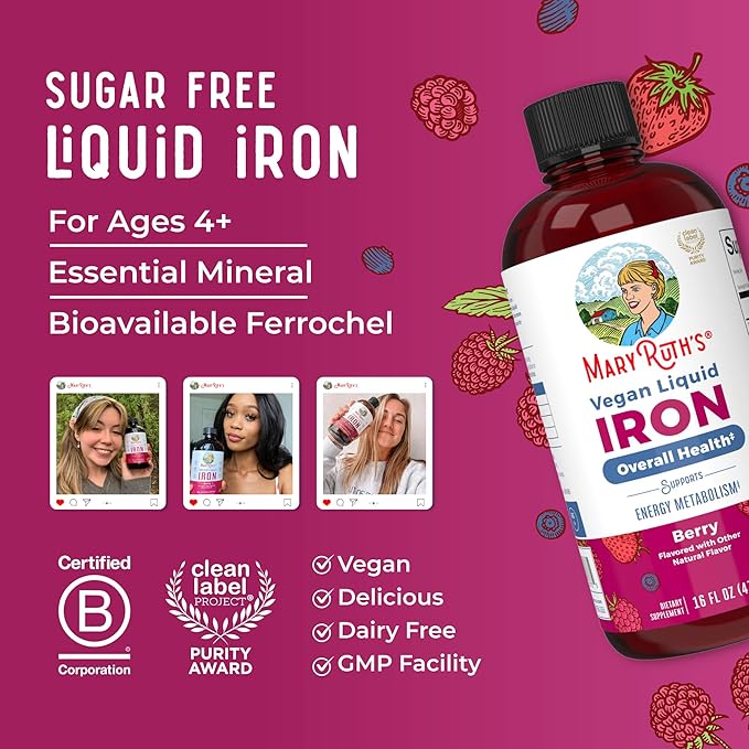 Iron Supplement for Women Men & Kids | Liquid Iron Supplement for Women Men & Kids | Iron for Healthy Blood & Oxygen | Ages 4 & Up | Sugar Free | Vegan | Non-GMO | Gluten Free | 16 Fl Oz