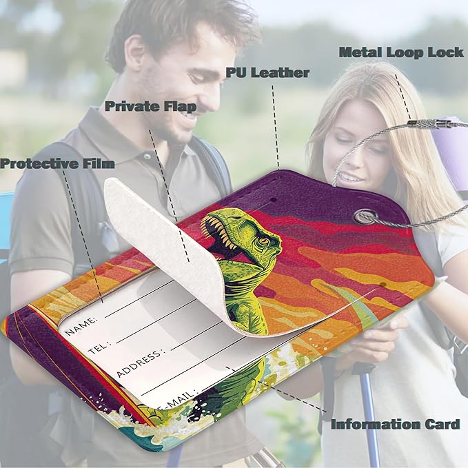 Surfing Dinosaur Luggage Tag, 3 Pack Luggage Tags for Suitcases, Cute Suitcase Tags Identifiers Bag Tags with Privacy Flap, Baggage Name Tag for Women Men Luggage Backpack Handbag