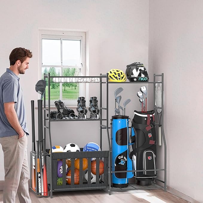 Ultrawall Golf Storage Organizer, Golf Bag Storage Stand for Garage, Golf Equipment Rack with Wheels Fits 2 Golf Bags and Golf Equipment Accessories