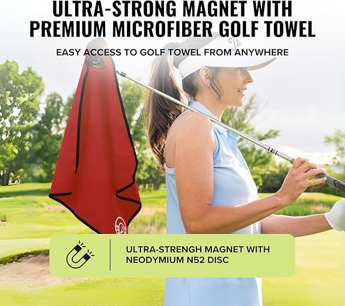 Stripebird - Magnetic Golf Towel (Red) - Microfiber Golf Towel with Built-in Ultra-Strong Neodymium Magnetic Towel - 18" x 18" Golf Bag Towel