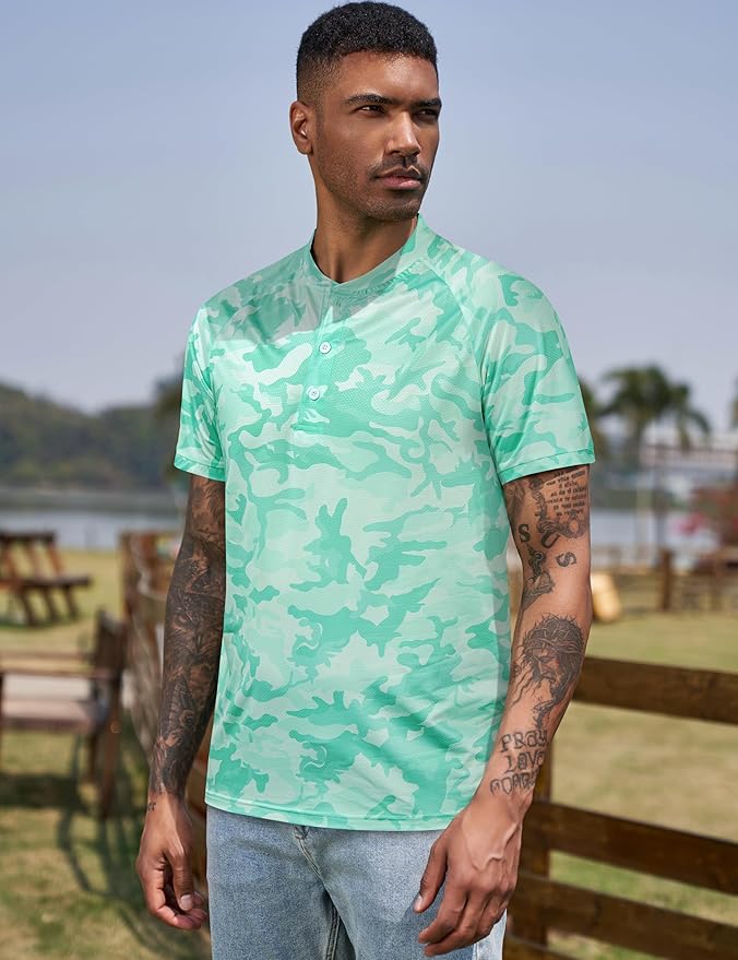 TAPULCO Mens Collarless Golf Shirts Short Sleeve Dry Fit Stretch Casual Breathable Lightweight Tshirts