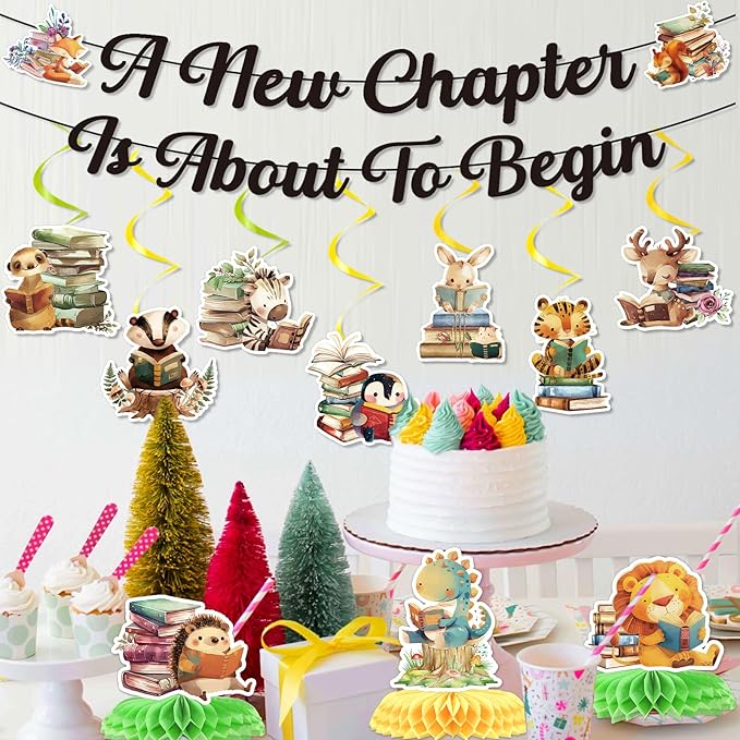 Book Baby Shower Decorations - 12PCS Book Themed Party Decorations A New Chapter Is About to Begin Baby Shower Banners Hanging Swirls Honeycomb Centerpieces Storybook Gender Reveal Supplies