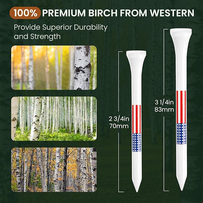 FINGER TEN Golf Tees Wood for Men Wooden Tee 1 1/2 2 3/4 3 1/4 Inch Western Birch Value 100 Pack, Reduce Friction Spin Tall Sturdy Base for Stability Long-Lasting Durability