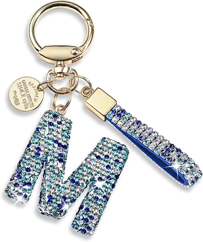 Pink Blue White Initial Letter Keychain Gift for Women Girls Bling Sparkly Cute Backpack Car Key Accessories Lanyard