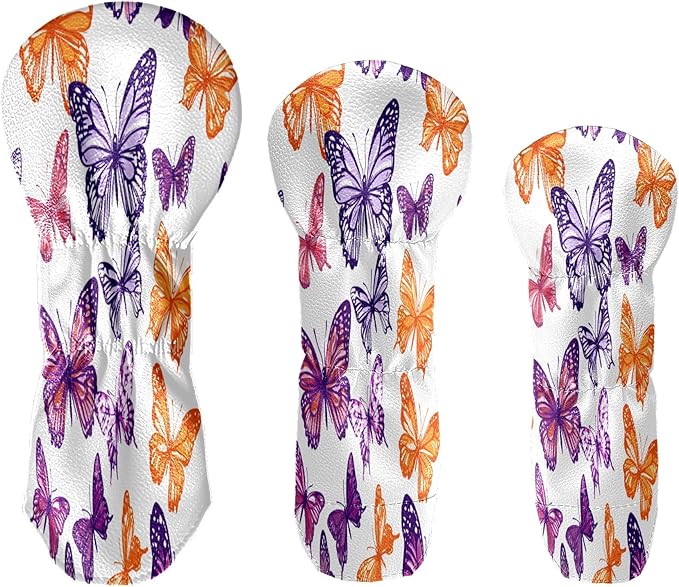 Funny Butterfly Colorful Golf Head Covers for Driver, Fairway, Hybrid & 3 Wood Premium PU Leather with Soft Velvet Lining Waterproof & Scratch-Resistant Unique Golf Gift for Men & Women