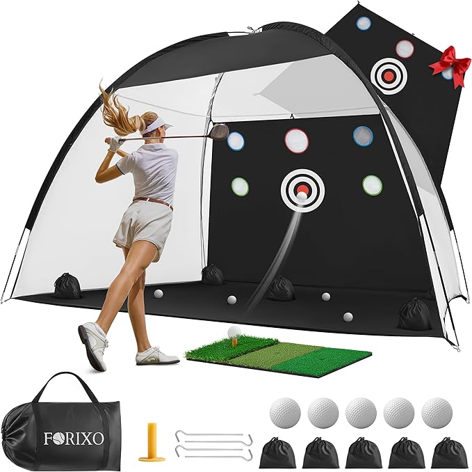 Garage Golf Net – 10x7ft Indoor Golf Hitting Net with Mat & Balls – Practice Driving & Chipping at Home