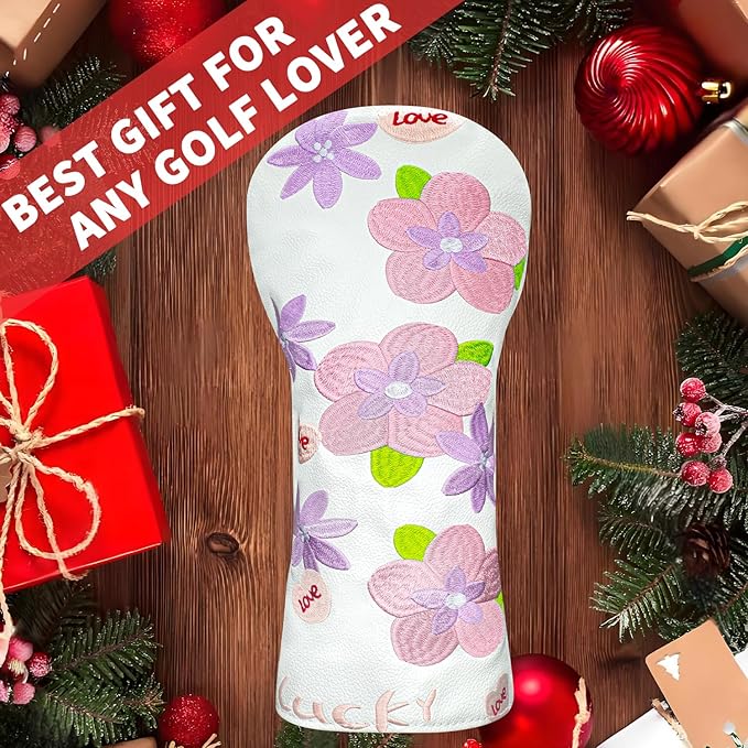 Golf Head Cover Golf Club Peach Blossom Design Golf Covers PU Headcovers Set Fits Driver Fairway Wood Hybrid Utility Woods Iron Wedge Headcover.