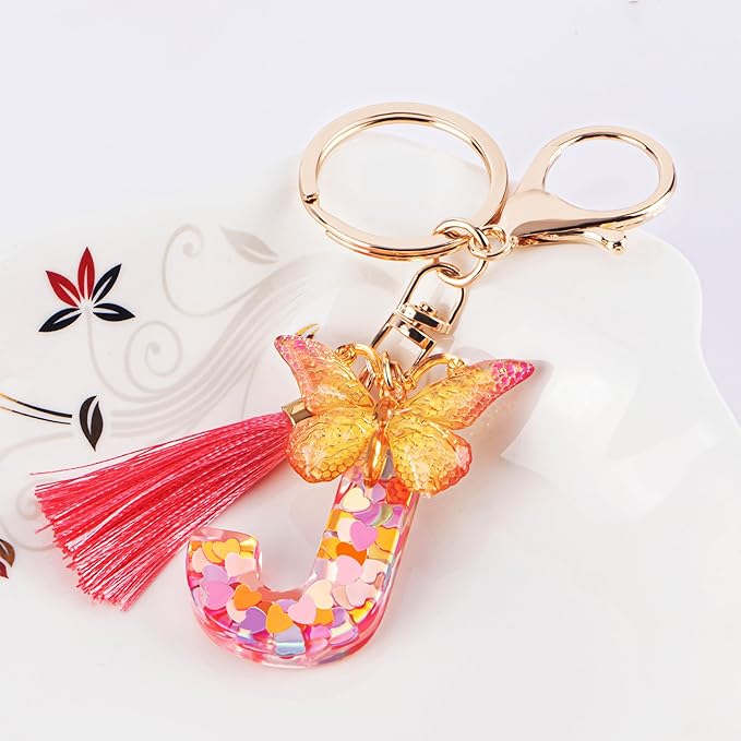 Suweibuke Colourful Cute Initial Letter Keychains for Women Girls with Tassel Butterfly, Charm for Purse Handbags Backpacks