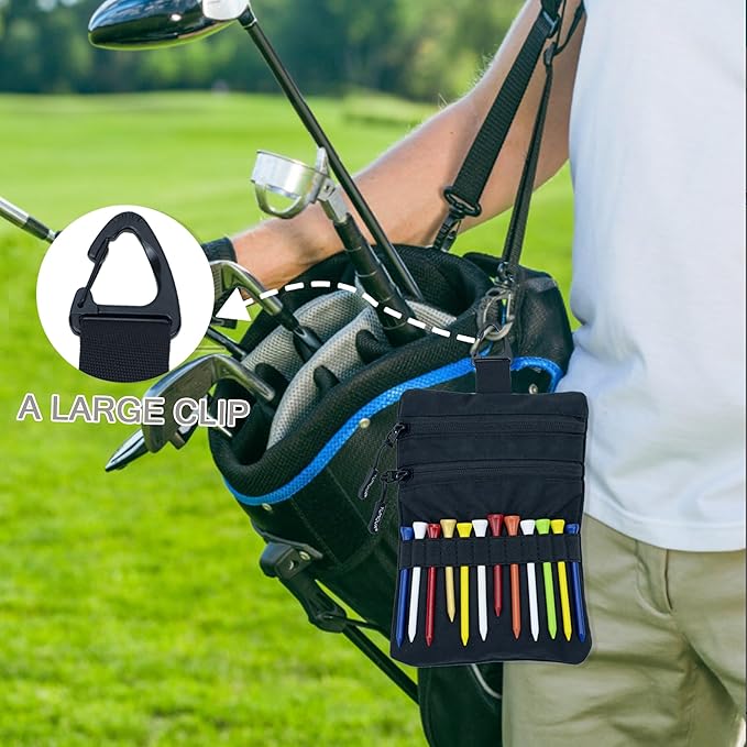 Golf Pouch Bag, Golf Tee Holder for Accessories, Valuables, Tees, Balls - Small Nylon Zipper Tee Pouch Clip on Bag Belt Backpack - Handy for Golfing, Fishing, Cycling, Travel - Great Gift for Golfers