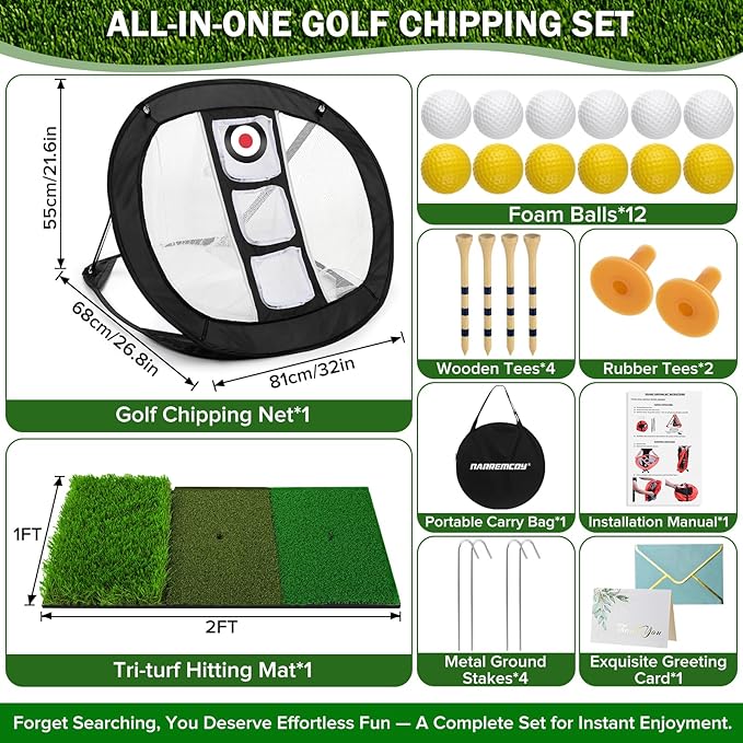 Golf Chipping Net with Tri-Turf Hitting Mat Set - Foldable Practice Target, 12 Foam Balls & 6 Tees in Carry Bag - Indoor Outdoor Backyard Golf Precision Training Aid & Gift for Beginners