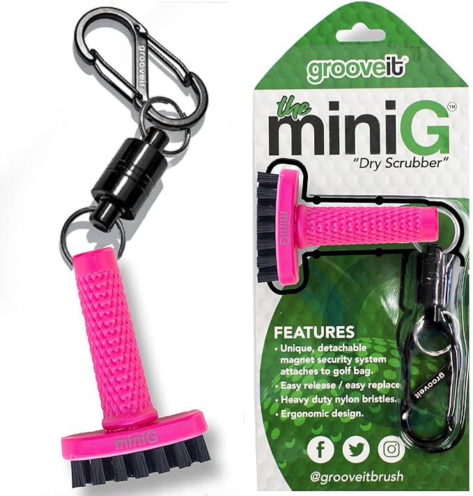 Grooveit Pink Mini Golf Brush The MiniG 'Dry Scrubber' Features A Detachable Magnet, Heavy-Duty Nylon Bristles, and 3-Yr Warranty - Used On All Professional Golf Tours - Golf Accessory of 2023