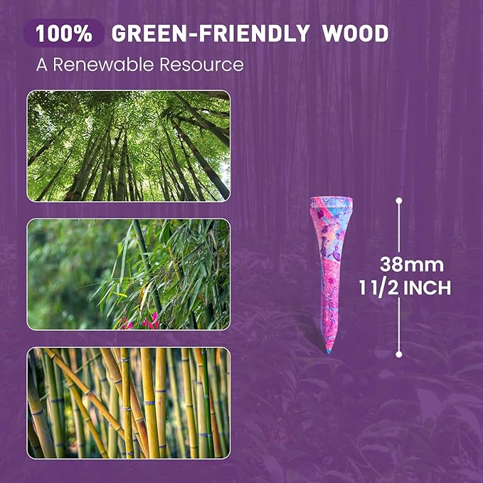Amy Sport Golf Tees Styllish Bamboo Wooden Coloured Painted Bulk 200 Pack 1 1/2 3 1/4 2 3/4 Inch Tee, Enhanced Visibility Color Purple Pink Green Blue, Practice for Men Women