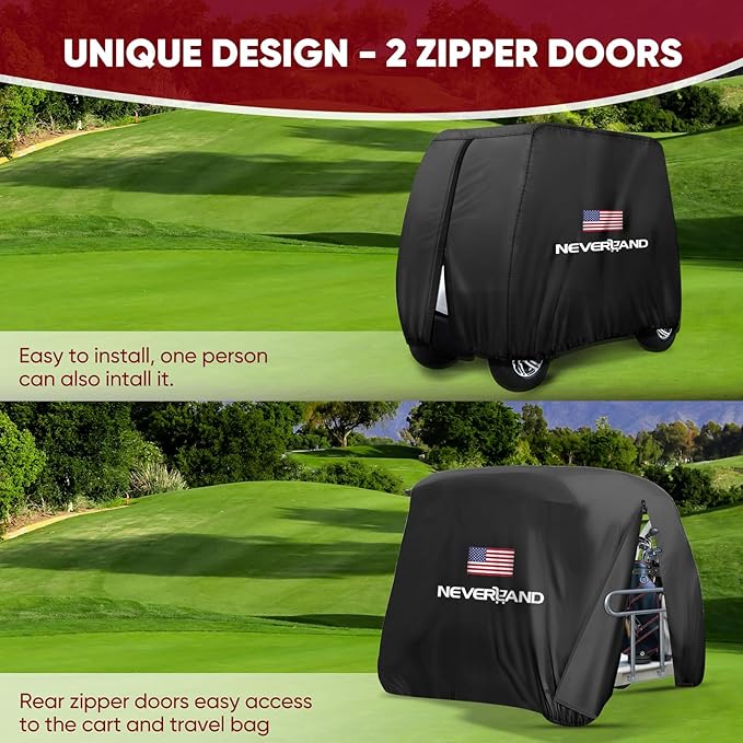 NEVERLAND Golf Cart Cover - Waterproof Golf Cart Covers - Fits for Yamaha Golf Carts EZ GO Club Car - Outdoor Windproof Sunproof (Black + Flag, Fit for 2+2/4 Passenger Cart)