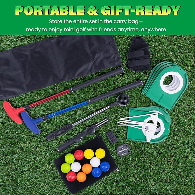 Mini Putting Golf Practice Set–Adjustable Putters, 6Flagged Holes, 12Practice Balls, Extendable Ball Retriever&Portable Storage Bags for Indoor and Outdoor Play