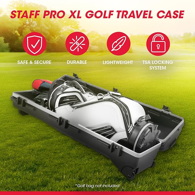 SKB Staff ATA Hard Shell Plastic Golf Travel Case for Cart Bags with Wheels - Heavy-Duty Rolling Club and Driver Carrier for Airline Transport, Impact-Resistant with TSA Locking Latches