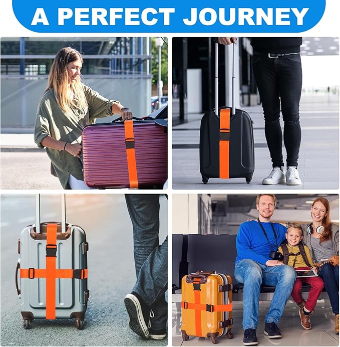 4 Pack Luggage Straps, Adjustable Travel Suitcase Belt Secure Lock Straps to Prevent Bursting, for Suitcases Briefcase & Travel Bags, Extends Life of Bag, 40''-78'' Length (Orange)