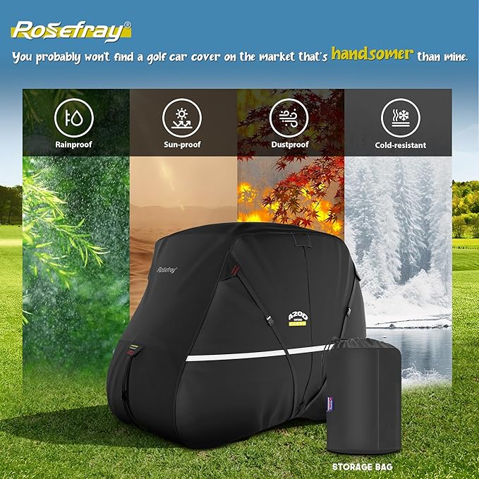 Rosefray Golf Cart Cover – Heavy-Duty 420D Oxford Fabric, Waterproof & Windproof Design – Fits Club Car, EZGO, Yamaha 2+2/4 Passenger Carts Black