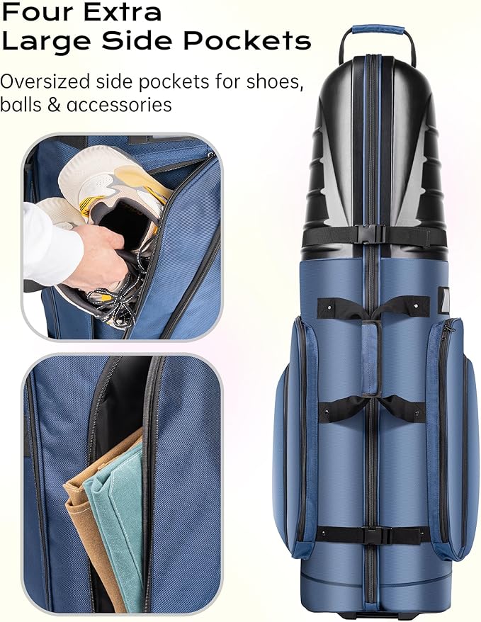 Golf Travel Bag with Hard Shell ABS Top - 1680D Heavy Duty Oxford Foldable Golf Club Travel Cover Case for Airlines with Wheels, Lockable Zippers & Reinforced Base