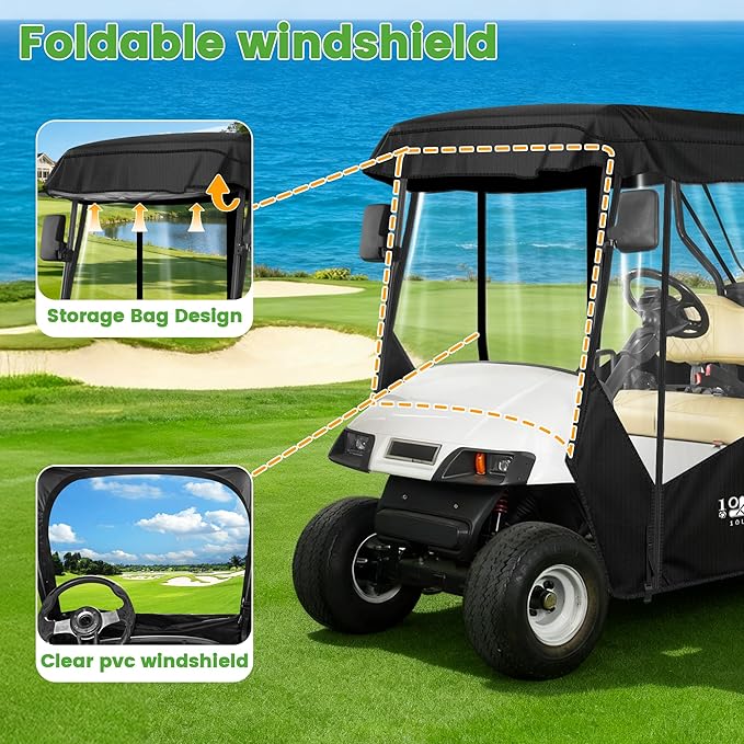 10L0L 2 Passenger Golf Cart Enclosure -61" Roof Fit Universal for EZGO TXT RXV & Club Car DS Precedent with Side Mirror Openings,Waterproof 600D Rain Cover,Transparent Tail Light Panel,4-Sided Windows