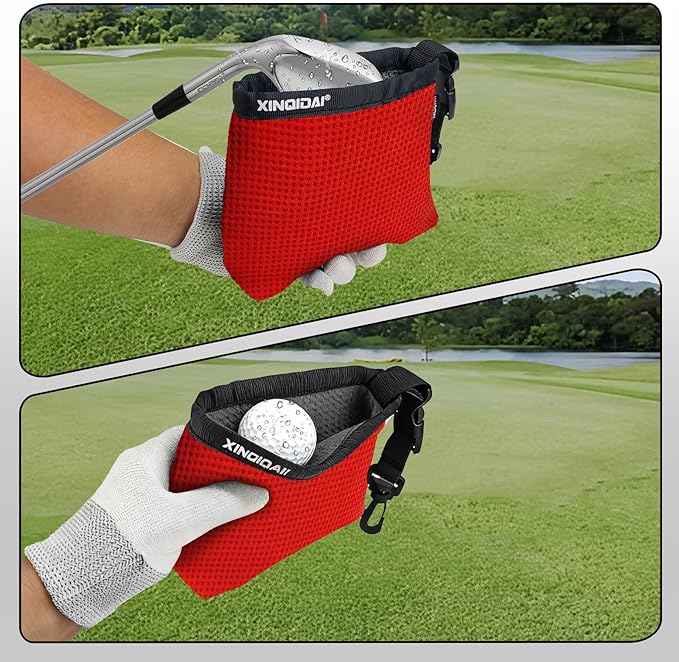 Golf Club and Golf Ball Cleaning Bag - Cleans Club Grooves, Waterproof Clean Face Tech, Detachable Clip, Machine Washable, Stay-Dry Exterior,Gift for Men (1, RED)