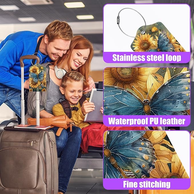 3 Pack Vintage Sunflowers Butterfly Luggage Tags for Suitcase PU Leather Travel Luggage Tag Privacy Cover ID Label for Women Men Baggage Backpack Handbag School Bag