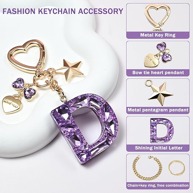 Cute Bling Keychain initial Letter Butterfly Star Pink Purple Gift for Women Girls Bag Cup Charms Accessories