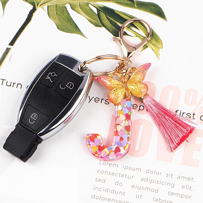 Suweibuke Colourful Cute Initial Letter Keychains for Women Girls with Tassel Butterfly, Charm for Purse Handbags Backpacks