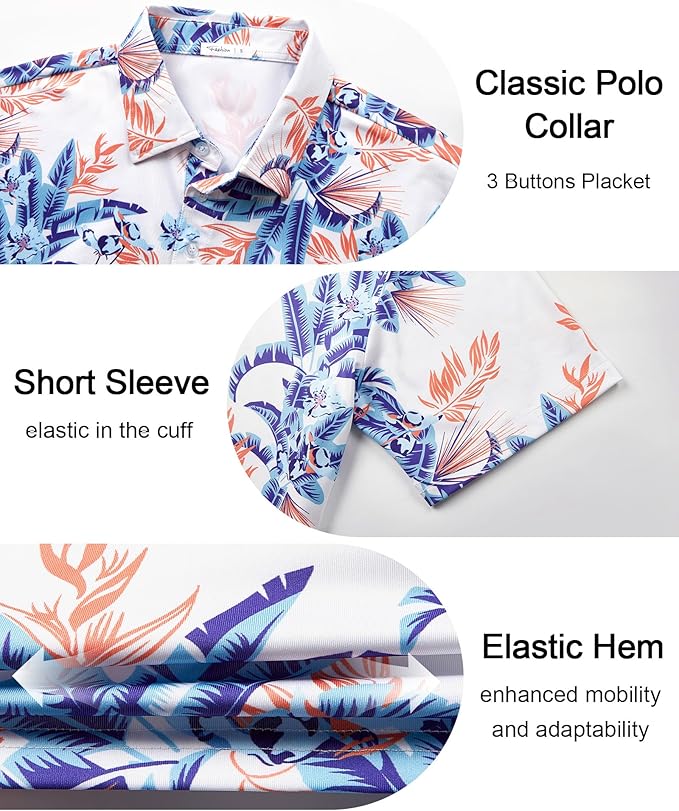 zeetoo Men's Polo Shirts Hawaiian Golf Polos Shirts Short Sleeve Performance Moisture Wicking Mens Golf Shirts