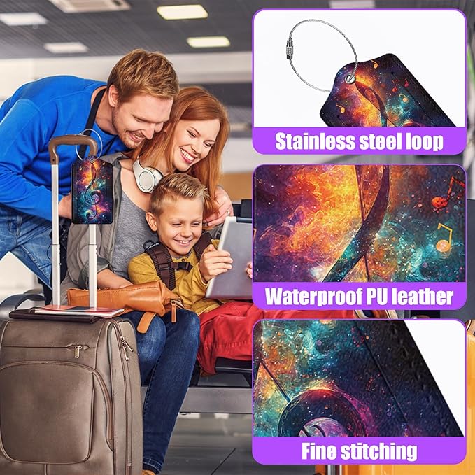 3 Pack Music Note Luggage Tags for Suitcase Headphone Guitar PU Leather Travel Luggage Tag Privacy Cover ID Label for Women Men Baggage Backpack Handbag School Bag