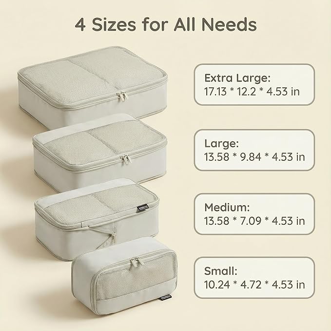 4 Piece Compression Packing Cubes for Suitcases and Backpack, Lightweight Travel Organizer Bags (Off White)