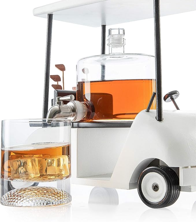 Golf Cart Decanter Whiskey Decanter and 2 Whiskey Glasses - The Wine Savant, Gift for Both Men & Women, Golfs Accessories, Golfer Gifts, Based on A Replica (850ml Decanter - 8 Ounce Glasses)