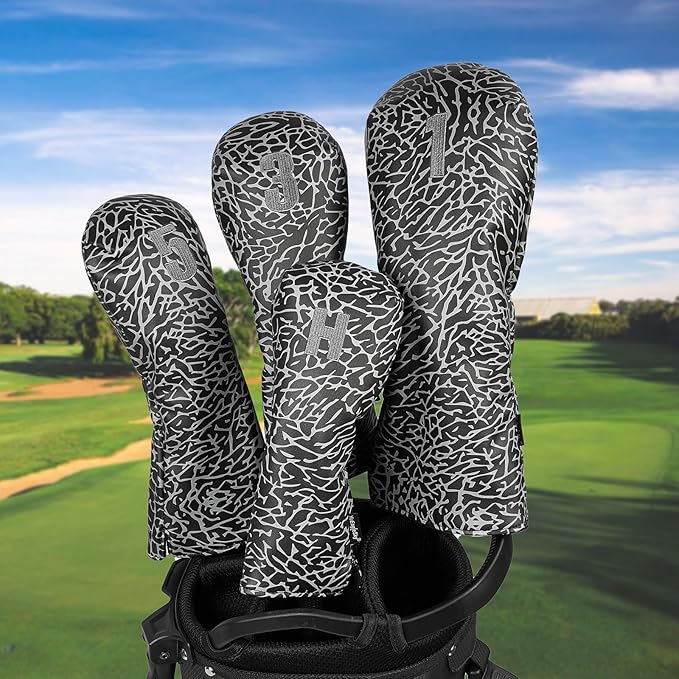Golf Driver Head Covers 3-Pack for Men & Women - Premium PU Leather with Elephant Embroidery, Double Elastic Band (Driver/Fairway/Hybrid), Waterproof & Durable - White Grey or Black Grey