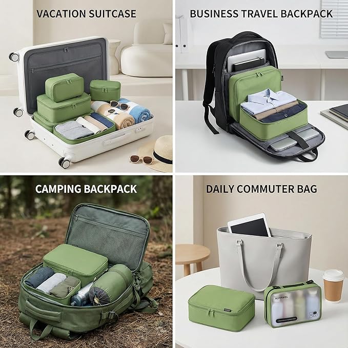 6 Set Compression Packing Cubes for Travel, Large Medium Small Luggage Organizers, Storage Bags for Clothes and Essentials (6 Pack, Forest Green)