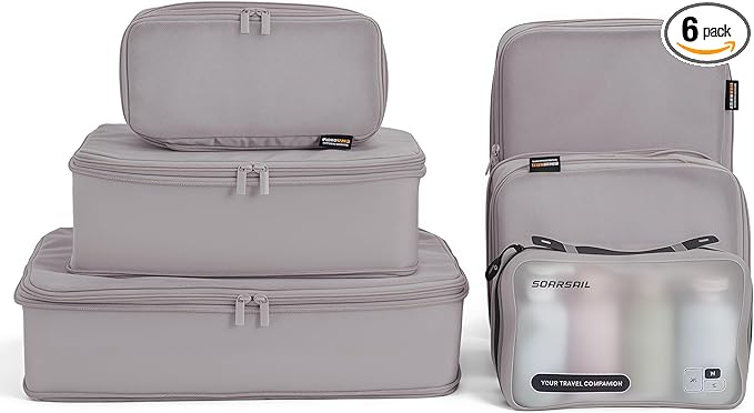 6 Set Compression Packing Cubes for Travel, Large Medium Small Luggage Organizers, Storage Bags for Clothes and Essentials (6 Pack, Misty Silver)