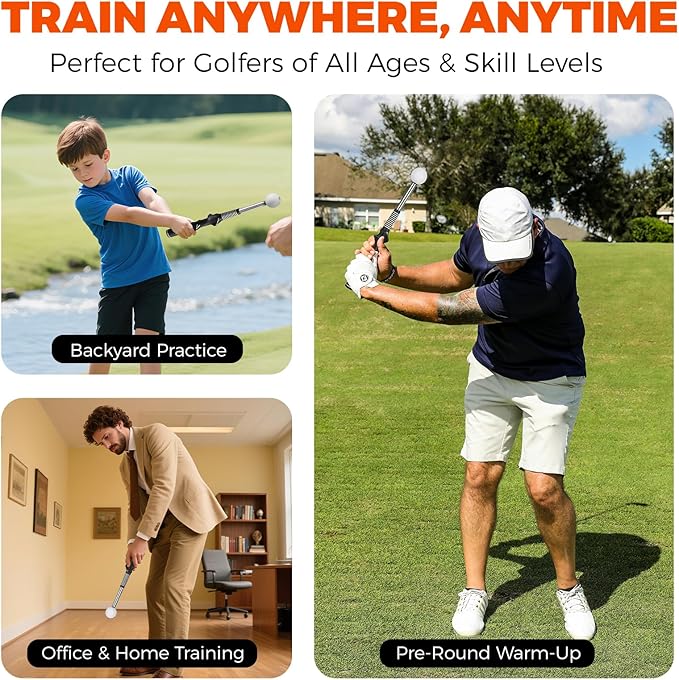 Golf Swing Trainer – Retractable Click Stick Grip & Tempo Trainer for Right-Handed Golfers, Stainless Steel Shaft Golf Training Aid for Indoor & Outdoor Swing Practice