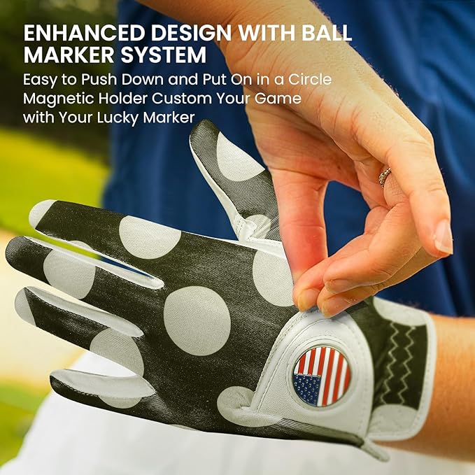 Amy Sport Womens Golf Glove with Ball Marker Rain Left Right Hand Leather Printed Pack, Ladies Golf Gloves All Weather Grip Breathable Soft Size Small Medium Large XL