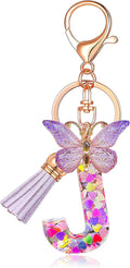 JINGUAZI Initial letter Keychains for Women Tassel Butterfly Pink Purple Cute Car Keychain for Wallet Backpack bag charm