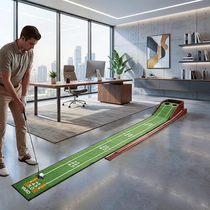 Putting Green Indoor with Three-Level Adjustable Incline, Auto Ball Return - Easy to Fold Solid Wood Base, Golf Training Aid for Home, Office, Backyard - Golf Putting Mat for Men