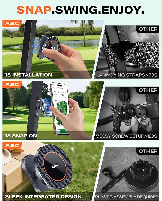 A2C 2-Pack Alloy Magnetic Golf Cart Phone Holder Compatible with MagSafe iPhone 17 Pro Max Plus 16 15 14 13 12 Mini Fits EZGO, Club Car, Yamaha, Icon, Golf Cart Accessories Gift for Men Women Friend