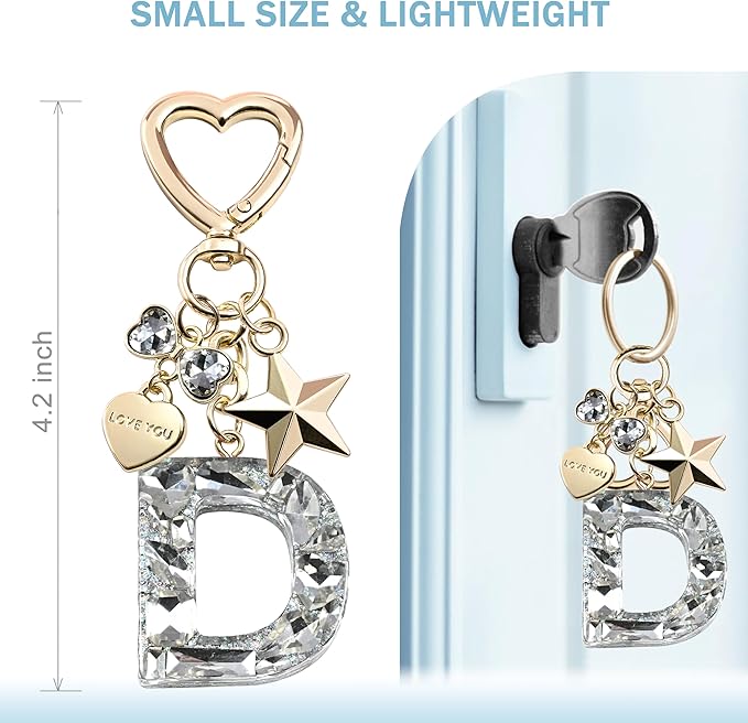 Cute Bling Keychain initial Letter Butterfly Star Pink Purple Gift for Women Girls Bag Cup Charms Accessories