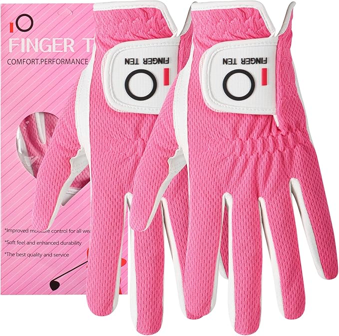 FINGER TEN Womens Golf Glove Right Handed Golfer Left Hand Rain Grip Hot Wet All Weather Value 2 Pack, Golf Gloves Breathable Flexible for Ladies Women