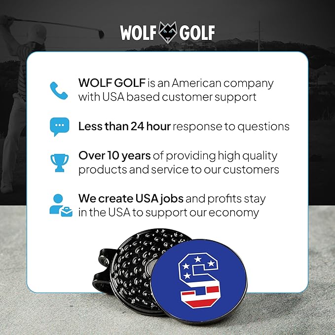 Wolf Golf Towels Golf Ball Marker Hat Clip | USA Monogram | 1 Magnetic Clip + 3 Ball Markers | Patriotic Golf Accessories for Men & Women