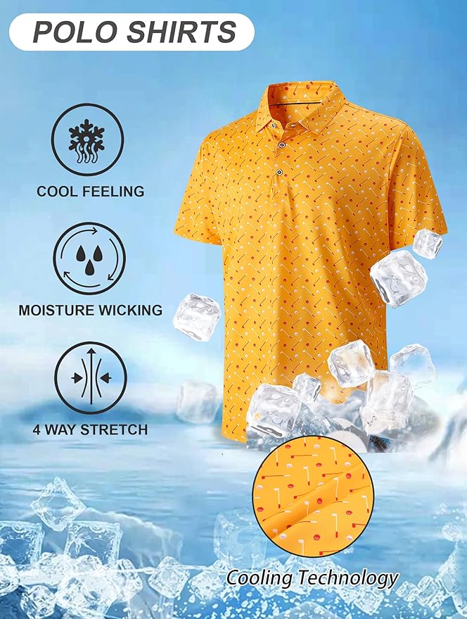 Esabel.C Golf Shirts for Men Dry Fit Performance Short Sleeve Print Moisture Wicking Collared Shirt