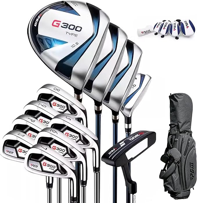 PGM 18 Pieces Men’s Golf Club Set 12pcs Clubs – Titanium #1 Driver, Draw-Biased Hybrid, High-Strength Irons, Forgiving Putter, Stand Bag with 5 Head Covers