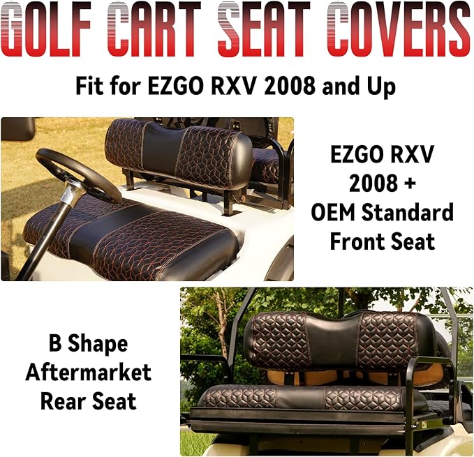 Golf Cart Seat Covers Front and Rear for EZGO RXV 2008+ Standard Seat Cushion, EZGO Vinyl Leather Seat Cover Set Replacement Accessories, No Staples, Black(4 PCS)