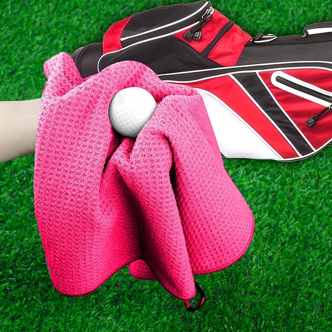 3 Pack Golf Towels, 16" x 16" Premium Microfiber Waffle-Pattern Golf Towel with Aluminum Carabiner Clip - Contains Golf Towels in 3 Colors of Pick, Purple and Cyan for Women's Golf Club Bag