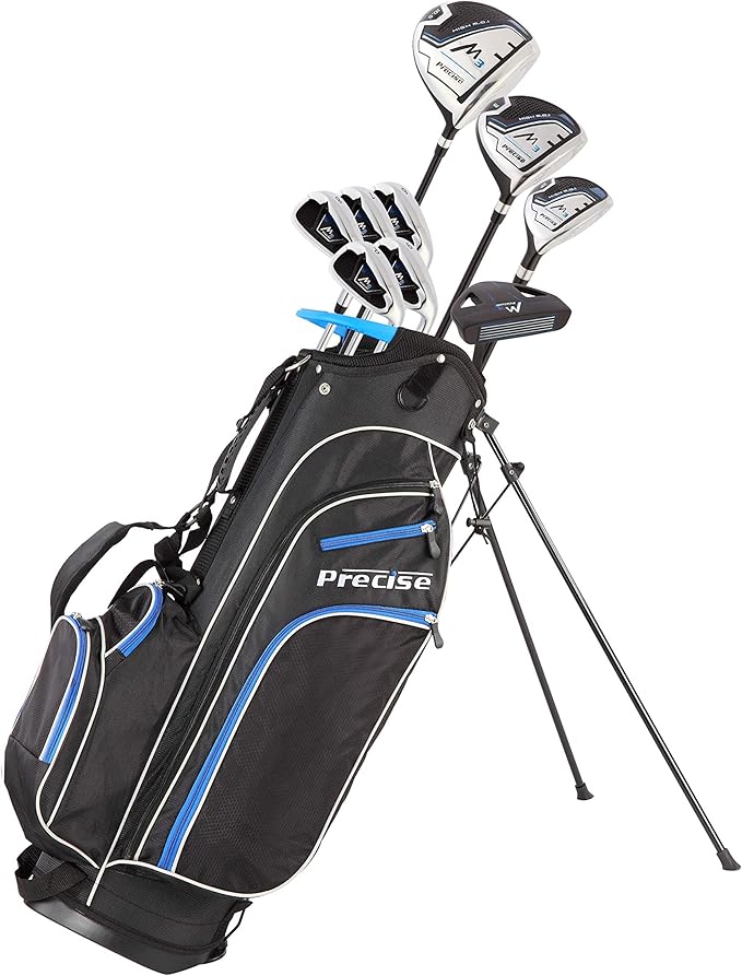Precise M3 Men's Right-Handed Complete Golf Club Set | Package Includes: 460CC Driver, 3 Wood, 21* Hybrid, 6-9 Irons, Pitching Wedge, Putter, Deluxe Stand Bag, 3 Headcovers | Select Your Size & Color