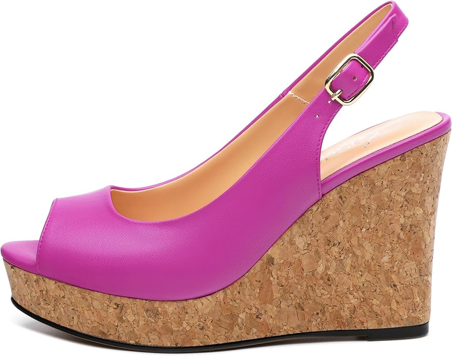 Womens Peep Toe Wedge Heels Matte Fashion Cork Slingback Pumps Platform Wedge Sandals 3.94 Inches
