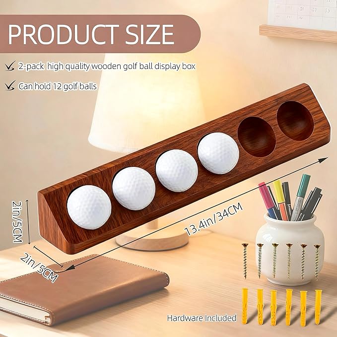 2-Pack Wooden Golf Ball Display Case & Holder - Wall Mount/Tabletop Versatile Hidden Installation for Collector's Balls & Premium Gift (Office/Home Decor)