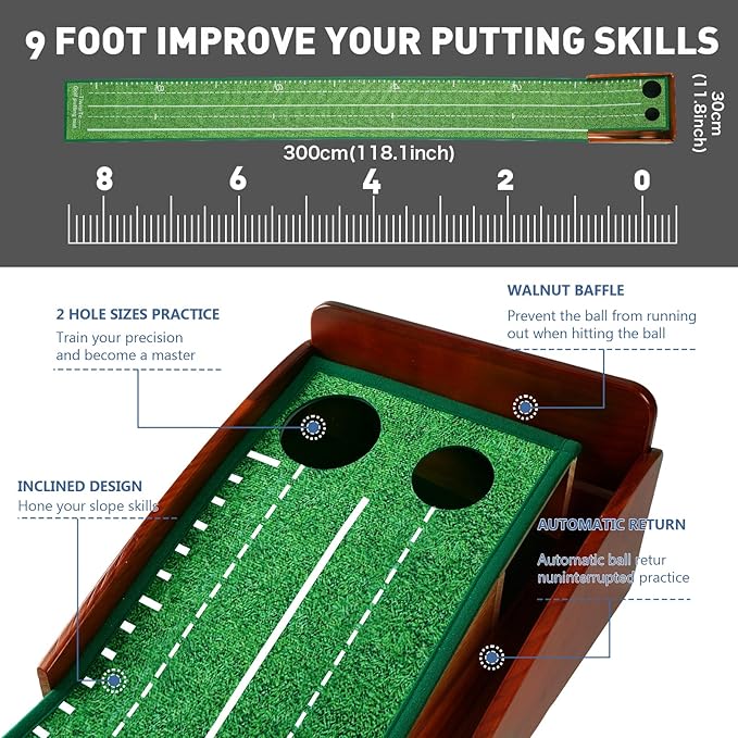 Indoor Golf Putting Green, Putting Mat with Automatic Ball Return - Solid Wood Structure No Humping, Suitable for Home, Office and Outdoor Play - Ideal Golf Gift for Men and Women